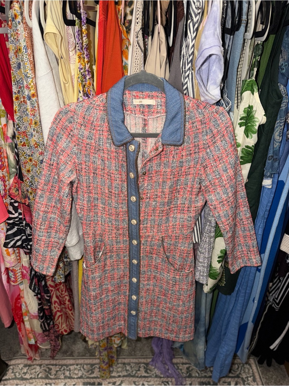 Maje Pink and Gray Tweed Trench Coat with Denim Trim